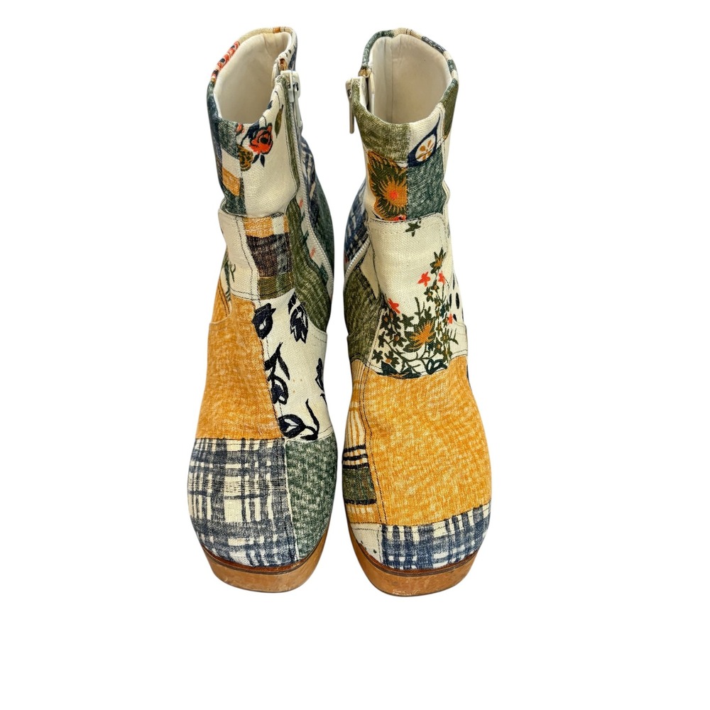 Charlotte Stone Patchwork Platform Boots Womens 6 Wood Block Heel Festival